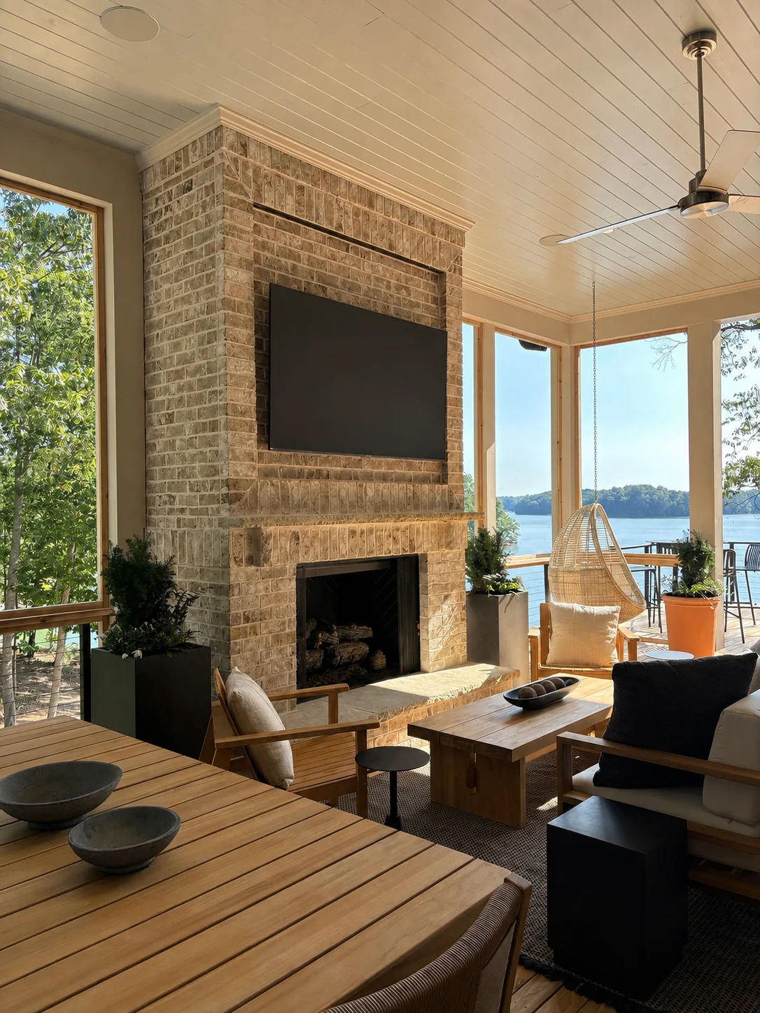 Breeze Bay covered outdoor living room with television and Lake Lanier view