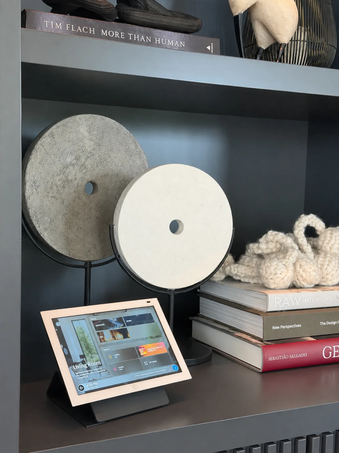 Home automation touchscreen integrated into living room shelving